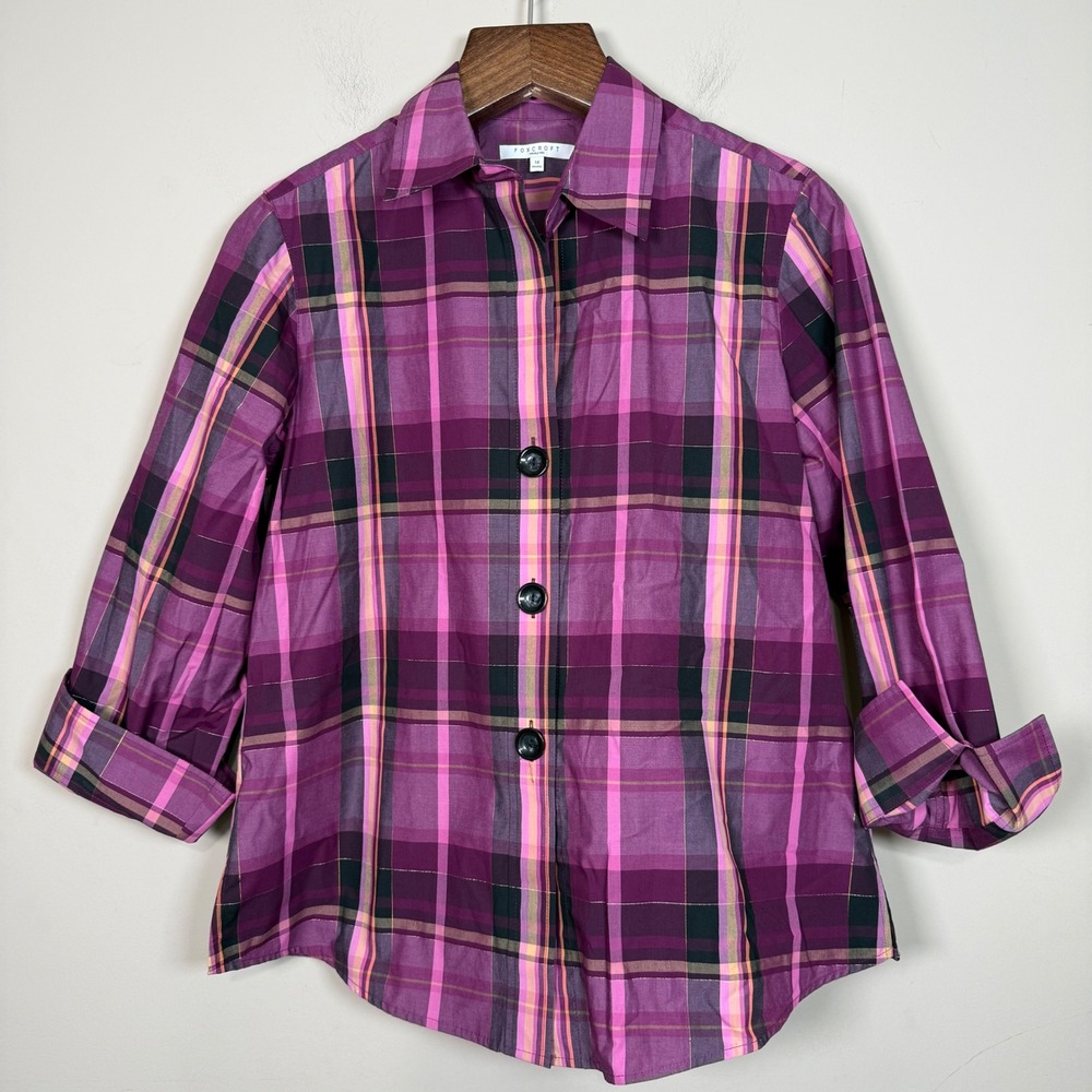 Foxcroft Wrinkle Free Shaped Fit Purple Pink Plaid Button Down Shirt Size 14